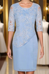 Light Blue Crew Neck Lace Half Sleeve Short Mother of the Bride Dress